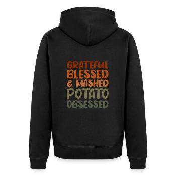 Grateful and Mashed Potato Obsessed - Unisex Premium Organic Zip Hoodie - black - Back - Nico (187cm)