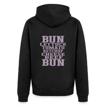 Burger Zutaten Typografie Cheeseburger Aufbau - Unisex Premium Bio Zip Hoodie - Schwarz - Hinten - Nico (187cm)