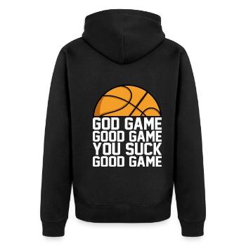 God Game Good Game You Suck Good Game Spruch - Unisex Premium Bio Zip Hoodie - Schwarz - Hinten - Nico (187cm)
