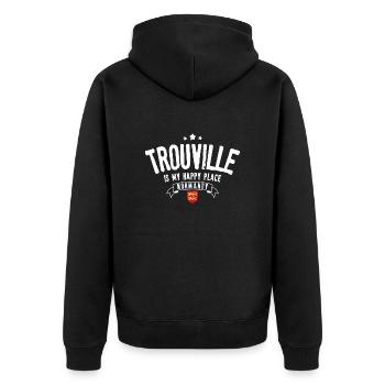 Trouville ist mein glücklicher Ort - Unisex Premium Bio Zip Hoodie - Schwarz - Hinten - Nico (187cm)
