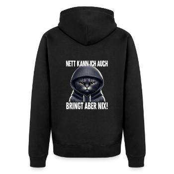 Spruch Katze Geschenk - Nett kann ich auch bringt - Unisex Premium Bio Zip Hoodie - Schwarz - Hinten - Nico (187cm)