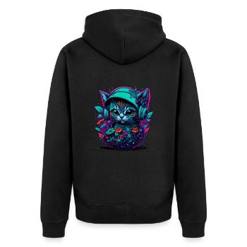 Chat bébé dans la mer de fleurs, en écoutant de la musique - Veste à capuche bio Premium Unisexe - noir - Dos - Nico (187cm)