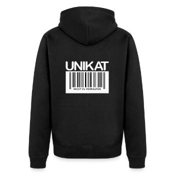 UNIKAT NICHT ZU VERKAUFEN Strichcode - Unisex Premium Bio Zip Hoodie - Schwarz - Hinten - Nico (187cm)