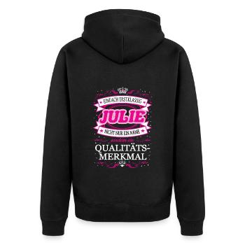 Qualitätsmerkmal Julie einfach Erstklassig - Unisex Premium Bio Zip Hoodie - Schwarz - Hinten - Nico (187cm)
