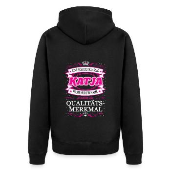Qualitätsmerkmal Katja einfach Erstklassig - Unisex Premium Bio Zip Hoodie - Schwarz - Hinten - Nico (187cm)