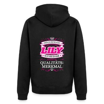 Qualitätsmerkmal Lily einfach Erstklassig - Unisex Premium Bio Zip Hoodie - Schwarz - Hinten - Nico (187cm)