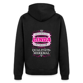 Qualitätsmerkmal Linda einfach Erstklassig - Unisex Premium Bio Zip Hoodie - Schwarz - Hinten - Nico (187cm)
