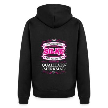 Qualitätsmerkmal Silke einfach Erstklassig - Unisex Premium Bio Zip Hoodie - Schwarz - Hinten - Nico (187cm)