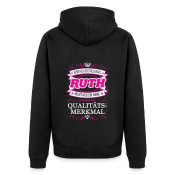 Qualitätsmerkmal Ruth einfach Erstklassig - Unisex Premium Bio Zip Hoodie - Schwarz - Hinten - Nico (187cm)