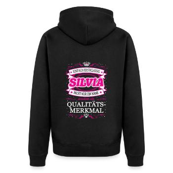 Qualitätsmerkmal Silvia einfach Erstklassig - Unisex Premium Bio Zip Hoodie - Schwarz - Hinten - Nico (187cm)