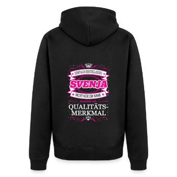 Qualitätsmerkmal Svenja einfach Erstklassig - Unisex Premium Bio Zip Hoodie - Schwarz - Hinten - Nico (187cm)
