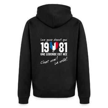 Né en 1981 - Coq aux couleurs françaises - Veste à capuche bio Premium Unisexe - noir - Dos - Nico (187cm)