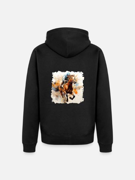 Cheval et jockey sur l’hippodrome - Veste à capuche bio Premium Unisexe - noir