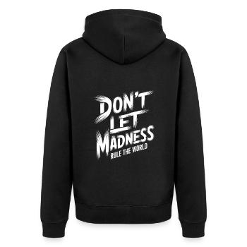 Stoppt den Wahnsinn - Unisex Premium Bio Zip Hoodie - Schwarz - Hinten - Nico (187cm)