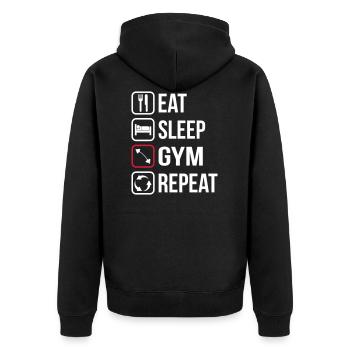 Eat Sleep Gym Repeat - Unisex Premium Bio Zip Hoodie - Schwarz - Hinten - Nico (187cm)