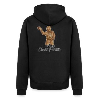 Beware - Climate Protection - Unisex Premium Organic Zip Hoodie - black - Back - Nico (187cm)