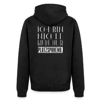 nicht klein sondern platzsparend - Unisex Premium Bio Zip Hoodie - Schwarz - Hinten - Nico (187cm)