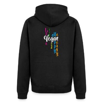 Vegan - Love Life Good Happy Energy - Unisex Premium Bio Zip Hoodie - Schwarz - Hinten - Nico (187cm)