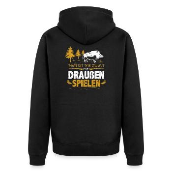 Jäger Jagd Geschenkidee mit Wildschwein & Gewehr - Unisex Premium Bio Zip Hoodie - Schwarz - Hinten - Nico (187cm)