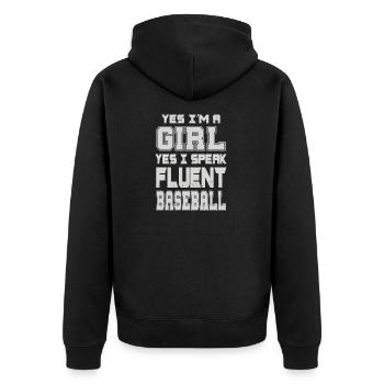 Ja ich bin ein Mädchen ja Ich spreche fließend - Unisex Premium Bio Zip Hoodie - Schwarz - Hinten - Nico (187cm)