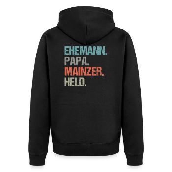 Ehemann Papa Held Mainzer - Unisex Premium Bio Zip Hoodie - Schwarz - Hinten - Nico (187cm)