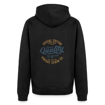 Hochwertige handgefertigte Denim im Vintage-Stil - Unisex Premium Bio Zip Hoodie - Schwarz - Hinten - Nico (187cm)
