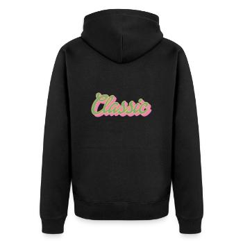 Classic Schriftzug | Farben änderbar - Unisex Premium Bio Zip Hoodie - Schwarz - Hinten - Nico (187cm)