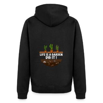 Lustiger Gärtner Spruch Das leben ist der Garten - Unisex Premium Bio Zip Hoodie - Schwarz - Hinten - Nico (187cm)