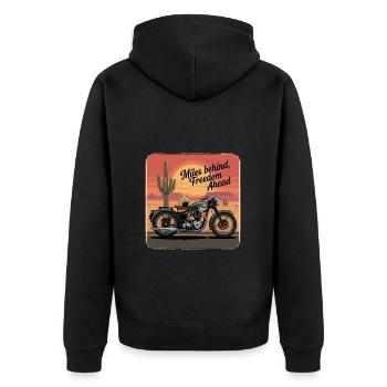Miles Behind, Freedom Ahead – Biker-Abenteuer - Unisex Premium Bio Zip Hoodie - Schwarz - Hinten - Nico (187cm)