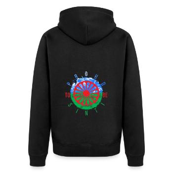 Proud to be Sinti - Unisex Premium Organic Zip Hoodie - black - Back - Nico (187cm)