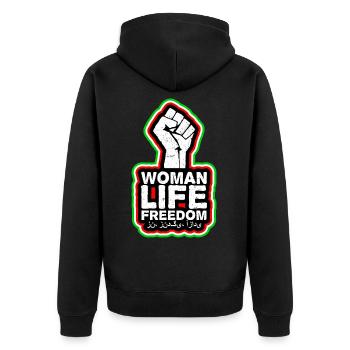 Woman Life Freedom | Faust with Iran Outline - Unisex Premium Organic Zip Hoodie - black - Back - Nico (187cm)