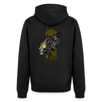 Luminous Majesty: Majestätischer Löwe mit leuchtenden Augen - Unisex Premium Bio Zip Hoodie - Schwarz - Hinten - Nico (187cm)