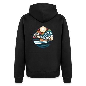 Bergabenteuer: Kanu und Berge Linienkunst - Unisex Premium Bio Zip Hoodie - Schwarz - Hinten - Nico (187cm)