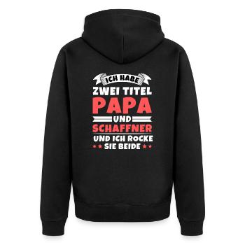 Ich habe 2 Titel Papa und Schaffner - Unisex Premium Bio Zip Hoodie - Schwarz - Hinten - Nico (187cm)