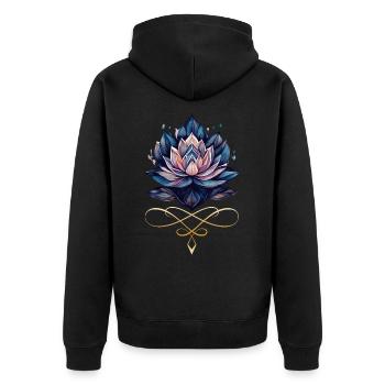 Seerose auf Goldener Bordüre - Unisex Premium Bio Zip Hoodie - Schwarz - Hinten - Nico (187cm)