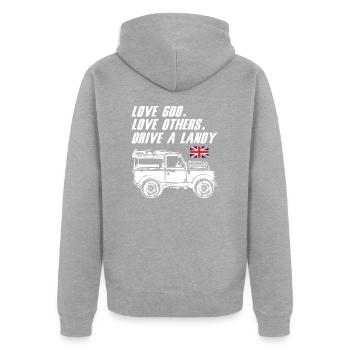 Drive a Landy - Unisex Premium Bio Zip Hoodie - Grau meliert - Hinten - Nico (187cm)