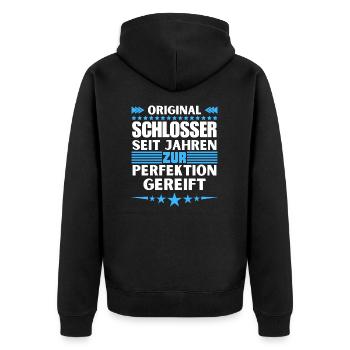 Zur Perfektion gereifter Schlosser - Unisex Premium Bio Zip Hoodie - Schwarz - Hinten - Nico (187cm)