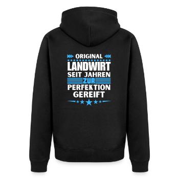 Zur Perfektion gereifter Landwirt - Unisex Premium Bio Zip Hoodie - Schwarz - Hinten - Nico (187cm)