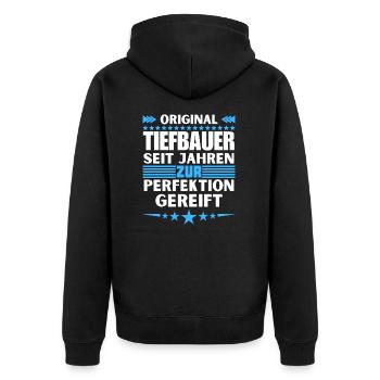 Zur Perfektion gereifter Tiefbauer - Unisex Premium Bio Zip Hoodie - Schwarz - Hinten - Nico (187cm)
