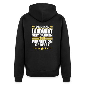 Zur Perfektion gereifter Landwirt - Unisex Premium Bio Zip Hoodie - Schwarz - Hinten - Nico (187cm)
