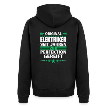 Zur Perfektion gereifter Elektriker - Unisex Premium Bio Zip Hoodie - Schwarz - Hinten - Nico (187cm)