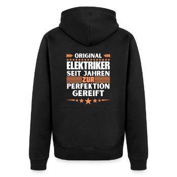 Zur Perfektion gereifter Elektriker - Unisex Premium Bio Zip Hoodie - Schwarz - Hinten - Nico (187cm)