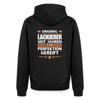 Zur Perfektion gereifter Lackierer - Unisex Premium Bio Zip Hoodie - Schwarz - Hinten - Nico (187cm)