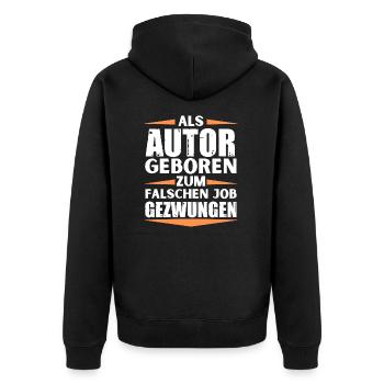Autor im falschen Job gelandet - Unisex Premium Bio Zip Hoodie - Schwarz - Hinten - Nico (187cm)