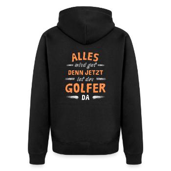 Alles wird gut denn jetzt ist der Golfer da - Unisex Premium Bio Zip Hoodie - Schwarz - Hinten - Nico (187cm)