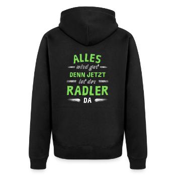 Alles wird gut denn jetzt ist der Radler da - Unisex Premium Bio Zip Hoodie - Schwarz - Hinten - Nico (187cm)