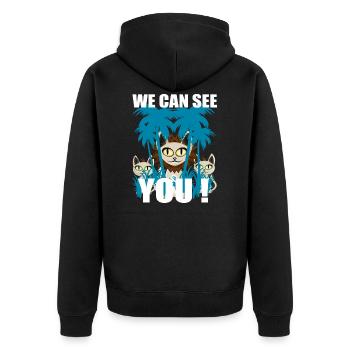wir sehen dich - we can see you Löwenbande t shirt - Unisex Premium Bio Zip Hoodie - Schwarz - Hinten - Nico (187cm)