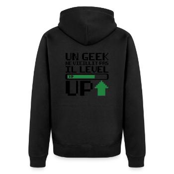 Un geek ne vieillit pas il level up - Veste à capuche bio Premium Unisexe - noir - Dos - Nico (187cm)