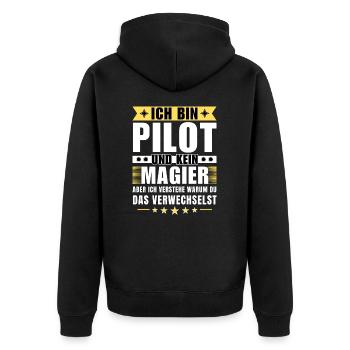 Ich bin Pilot und kein Magier - Unisex Premium Bio Zip Hoodie - Schwarz - Hinten - Nico (187cm)