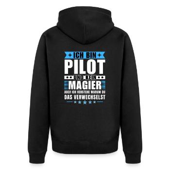 Ich bin Pilot und kein Magier - Unisex Premium Bio Zip Hoodie - Schwarz - Hinten - Nico (187cm)